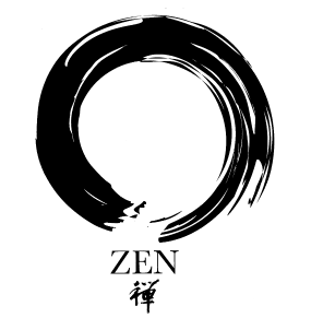 An icon of an incomplete black circle, which appears hand-painted using a single brushstroke; this symbol of Zen is known as an enso. Underneath is the word "ZEN" in English, and the Japanese symbol for "zen".